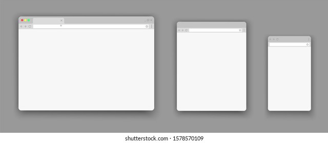 Blank Web Browser Windows For Different Devices. Website Flat Template. Empty Computer Laptop Tablet Phone Monitor. Web Site Different Window.