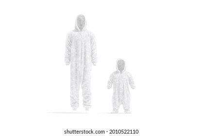 Blank White Adult And Kid Plush Jumpsuit With Hood Mockup, 3d Rendering. Empty Hooded Fleece Onesie Model Mock Up, Front View, Isolated. Clear Plushy Bodysuit For Night Template.