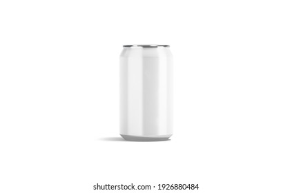 Blank White Aluminum 330 Ml Soda Can Mockup, Front View, 3d Rendering. Empty Metallic Tin For Beer Or Fizzy Pop Drink Mock Up, Isolated. Clear Jar With Soft Beverage Or Tonic Template.