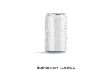 Blank White Aluminum 330 Ml Soda Can With Drops Mock Up, 3d Rendering. Empty Lemonade Or Fizzy Pop Drink Pack Mockup, Isolated, Front View. Clear Wet Tin Or Jar For Water Template.