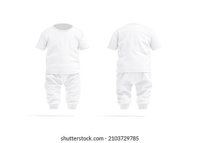 Blank White Baby Suit T-shirt And Pants Mockup, Front Back View, 3d Rendering. Empty Jersey Fabric Pajamas For Kid Mock Up, Isolated. Clear Onesie With Breeches And Tee-shirt Model Template.