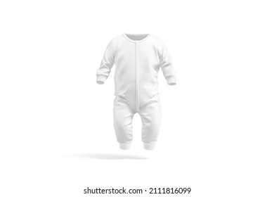 Blank White Baby Zip-up Sleepsuit Mockup, Front View, 3d Rendering. Empty Textile Bodysuit Or Crawlers For Newborn Mock Up, Isolated. Clear Child Onesie Or Pajamas With Zipper Template.