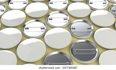 Blank White Badges On Yellow Background. Pin Button Mockup. 3D Rendering Illustration