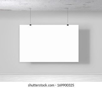 Blank White Banner Hanging On Wall. Place For Text