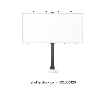 Blank White Banner Mock Up On City Billboard, 3d Rendering. Empty Bill Board Mockup Isolated. Clear Canvas Template On Street Sign. Large Outdoor Poster Screen. Big Cityboard Signage Stand.