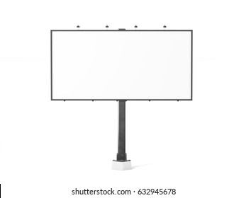 Blank White Banner Mockup On Black City Billboard, 3d Rendering. Empty Bill Board Mock Up Isolated. Clear Canvas Template On Sity Street Sign. Large Outdoor Poster Screen. Big Cityboard Signage Stand.