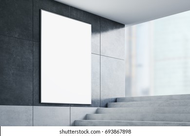 Blank white banner in subway with stairs. 3d rendering 