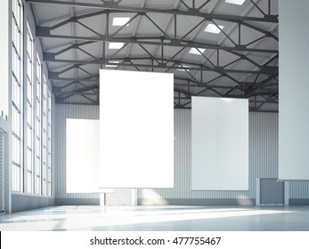 Blank white banners in bright hangar. 3d rendering