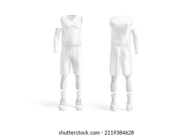 Blank white basketball uniform mockup, front and back view, 3d rendering. Empty bascketball duffle with t-shirt, panties and arm band mock up, isolated. Professional tracksuit for league template.