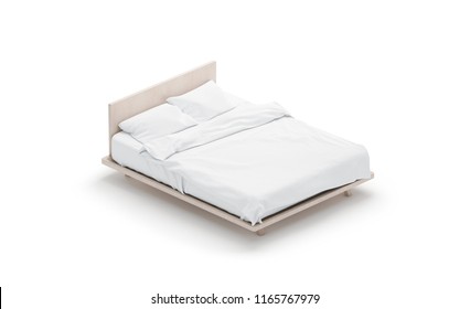 Blank White Bed Mock Up, Side View Isolated, 3d Rendering. Empty Blanket And Pillows Mockup In Place For Sleep. Doss With Clear Mattress And Bedsheet Design Template. Bedclothes With Pilows And Duvet.