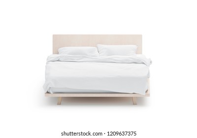 Blank White Bed Mockup, Front View, Isolated, 3d Rendering. Empty Tucked Bedstead With Pillows And Blanket Mock Up. Clear Bedclothes Template. Place For Sleep With Mattress, Pilow And Duvet.