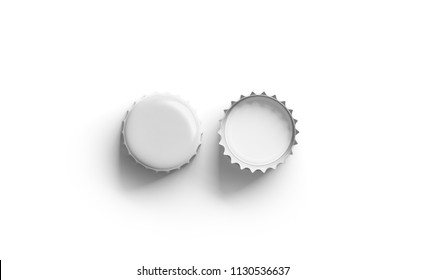 Blank White Beer Lid Mock Up, Front And Back Side, Top View 3d Rendering. Empty Metal Soda Cap Mock Up Design Template. Clear Bottle Cover Isolated.