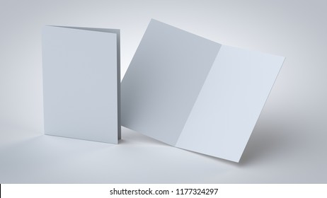 Blank white bi-fold/2-fold booklet, 3D rendering opened and closed, front and back side mock up, with soft shadows in a closer view, for graphic designers presentations and portfolios.