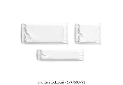 Blank White Big, Small, Square Chocolate Bar Foil Wrap Mockup, 3d Rendering. Empty Sweety Candybar Package Mock Up, Top View, Isolated. Clear Polythene Wrapped For Choco Candy Template.