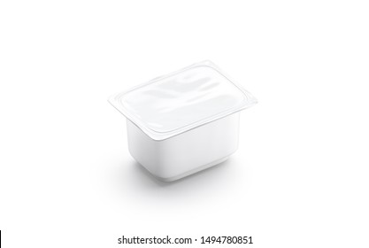 Blank White Big Yougurt Box Mockup Isolated, Side View, 3d Rendering. Empty Jar With Natural Yoghurt Mock Up. Clear Plastic Brick With Foil Sticker For Logotype Template.