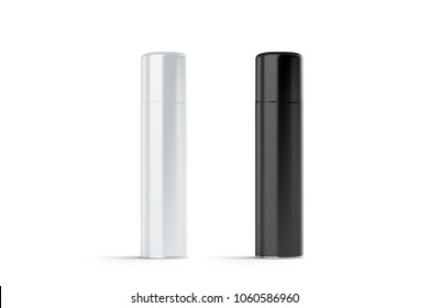 Blank White And Black Closed Hairspray Bottle Mockup Set, 3d Rendering. Empty Foam Aerosol For Shaving Mock Up Isolated. Clear Metallic Deodorant Packaging Template