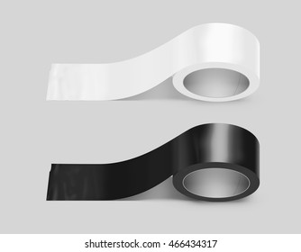 Blank White And Black Duct Adhesive Tape Mockup, Clipping Path, 3d Illustration. Sticky Scotch Roll Design Mock Up. Clear Glue Tape Template. Packing Insulating Tape Display.