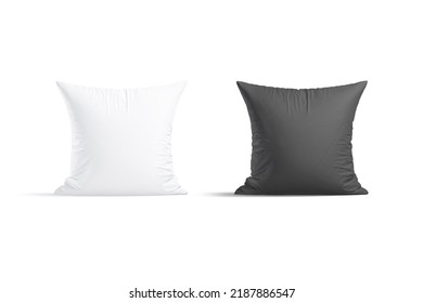 Blank white and black square pillow mockup stand, front view, 3d rendering. Empty decoration bedding cushion with fluffy filling mock up, isolated. Clear interior pillows for home. 3D Illustration