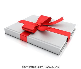 blank white book lying as gift with red ribbon isolated on white background