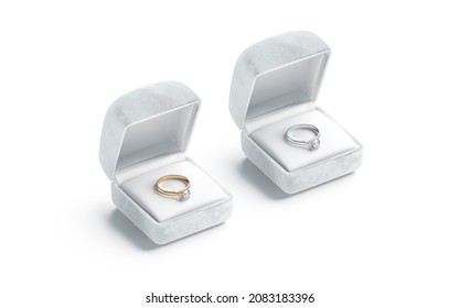 Blank White Box With Gold And Silver Diamond Ring Mockup, 3d Rendering. Empty Golden And Silvern Carat Jewelery In Case Mock Up, Isolated, Side View. Clear Square Pack Brilliant Accessory Template.