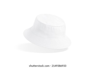 Blank White Bucket Hat Mockup, No Gravity, 3d Rendering. Empty Protection Boonie Snap For Fisherman Mock Up, Isolated. Clear Canvas Panama Or Stitching Giggle Hat For Streetwear Template.