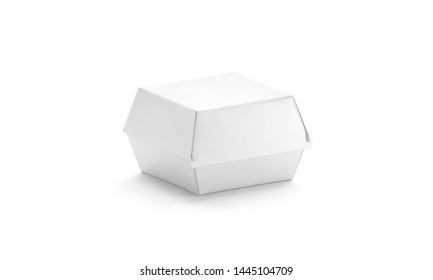 Blank White Burger Box Mockup, Isolated, Side View, 3d Rendering. Empty Paperboard Wrapping Mockup For Veggie Hamburger. Clear Disposable Takeout Package For Chicken Wings Template.