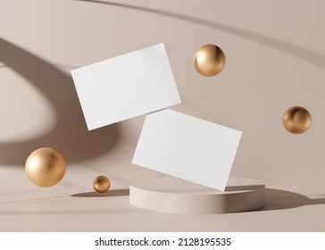 Blank white business cards with golden spheres on the cream background. Mockup for branding identity. Two cards to show both sides. Template for graphic designer. Free space, copy space. 3D rendering. - Powered by Shutterstock