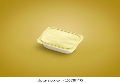 Blank White Butter Box Mock Up, Isolated On Yellow Background, 3d Rendering. Empty Tare With Xanthous Foil Mockup. Clear Mustard Or Cheese Sauce Package Template.