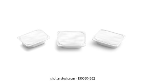 Blank White Butter Box Mockup Set, Isolated, 3d Rendering. Empty Tetra Pot With Yogurt Mock Up. Clear Sealed Packaging With Freshness Margarine Or Mayo Template.