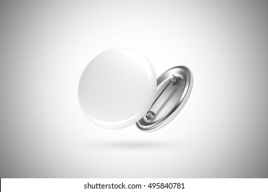 Blank White Button Badge Mockup, Isolated, Clipping Path, 3d Rendering. Empty Clear Pin Emblem Mock Up. Round Plastic Volunteer Label. Vote Sign Design Template. Campaigning Badges Display.