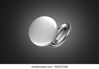 Blank White Button Badge Mockup, Isolated On Black, Clipping Path, 3d Rendering. Empty Clear Pin Emblem Mock Up. Round Plastic Volunteer Label. Vote Sign Design Template. Campaigning Badges Display.