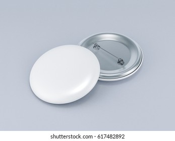 Blank White Button Badge Mockup, Front And Back Side, 3d Rendering. Empty Clear Pin Emblem Mock Up. Round Plastic Volunteer Label. 