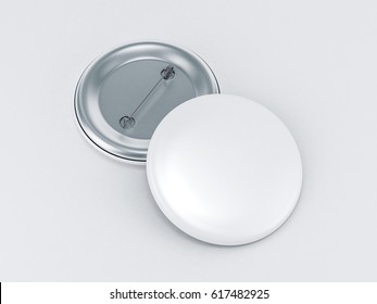 Blank White Button Badge Mockup, Front And Back Side, 3d Rendering. Empty Clear Pin Emblem Mock Up. 