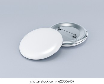 Blank White Button Badge Mockup, Front And Back Side, 3d Rendering. Empty Clear Pin Emblem Mock Up. 