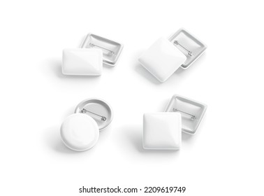 Blank White Button Badge Stack Mockup, Front And Back View, 3d Renderig. Empty Clasp Brooch Mock Up, Different Shapes, Isolated. Clear Emblem Accessories Or Tag For Vote Campaign. 3D Illustration