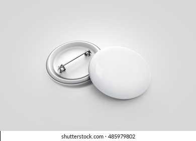 Blank White Button Badge Stack Mockup, Isolated On Grey, Clipping Path, 3d Rendering. Empty Clear Pin Emblem Mock Up. Round Plastic Volunteer Label. Vote Sign Design Template. Campaign Badges Display.