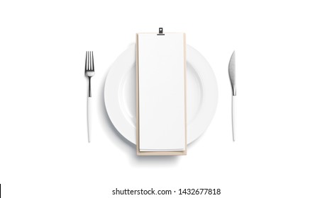 Blank white cafe menu mock up on plate with cutlery, top view, isolated, 3d rendering. Clear flyer on wood with food for lunch or breakfast mock up. Empty wine map on wooden pad template. - Powered by Shutterstock