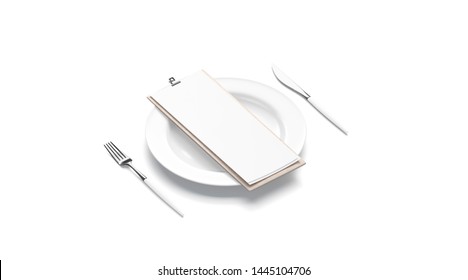 Blank White Cafe Menu Mock Up On Plate With Cutlery, Side View, Isolated, 3d Rendering. Clear Carte With Paper Mockup. Empty Wooden Flyer Holder With Diner And Drinks Template.