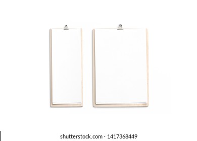 Blank White Cafe Menu, Wooden Board Mockup, 4 Inch, A4, Top View, 3d Rendering, Isolated. Empty Lists With Food And Drink On Thin Wood Holder. Clear Flyers On The Clipboard For Restaurant Template.