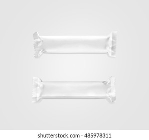 Blank White Candy Bar Plastic Wrap Mockup Top And Back Side, 3d Illustration, Isolated, Clipping Path. Closed Chocolate Bar Packaging Wrapper Template. Choco Factory Logo Candybar Package Mock Up. 