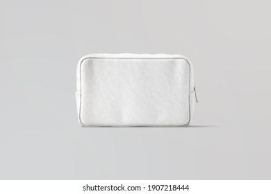 Blank White Canvas Cosmetic Bag Mockup, Gray Background, 3d Rendering. Empty Cosmetician With Makeup Stuff Mock Up, Front View. Clear Closed Linen Pouch For Face Toiletry Template.