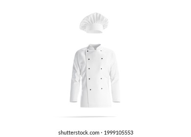 Blank White Chef Hat And Jacket Mockup, Front View, 3d Rendering. Empty Cap And Tunic For Professional Chief Mock Up, Isolated. Clear Protective Uniform For Restaurant Or Bistro Kitchener Template.