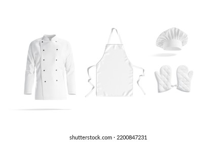 Blank white chef jacket, apron, hat and oven mitt mockup, 3d rendering. Empty culinary chief uniform with protective holder and pinner mock up, isolated. Clear chief-cooker fabric. 3D Illustration - Powered by Shutterstock