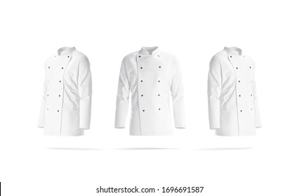 Blank White Chef Jacket With Buttons Mockup, Front And Side, 3d Rendering. Empty Reefer Or Cooker Professional Coat Mock Up, Isolated. Clear Master Uniform Suit For Protective Mokcup Template.