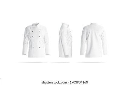 Blank White Chef Jacket With Buttons Mock Up, Different Sides, 3d Rendering. Empty Cooking Professional Cloth Mockup, Isolated. Clear Hotel Service Or Kitchener Coat Mokcup Template.