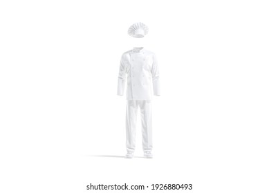 Blank White Chef Uniform Mockup, Front View, 3d Rendering. Empty Chief Suit With Toque, Jacket, Pants And Shoes Mock Up, Isolated. Clear Professional Cooker Clothing For Restaurant Template.