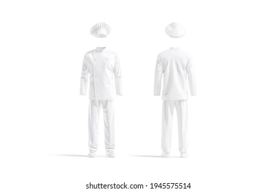 Blank White Chef Uniform Mockup, Front And Back View, 3d Rendering. Empty Kitchener Workwear For Culinary Mock Up, Isolated. Clear Professional Costume For Chief-cooker Template.