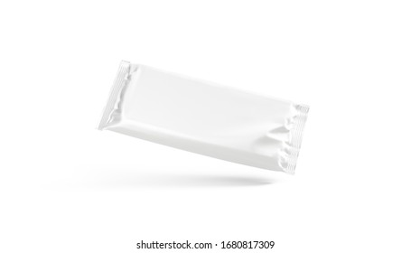Blank white chocolate bar foil wrap mock up, no gravity, 3d rendering. Empty slim rectangular block in label packaging mockup, isolated. Clear cacao chocolat snack in packet mokcup template.