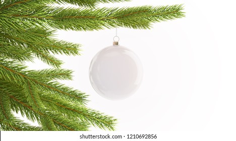 Blank White Christmas Ball Hanging On Pine Tree Mockup, Isolated, 3d Rendering. Empty Decorated Branch Mock Up. Clear Toy On New Year Tre. Christmas With Suspension Baublle Template.