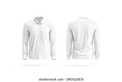 Blank white classic shirt mockup, front and back view, 3d rendering. Empty cloth blouse or jacket for formal dress code mock up, isolated. Clear spread casual apparel with collar and sleeve template.